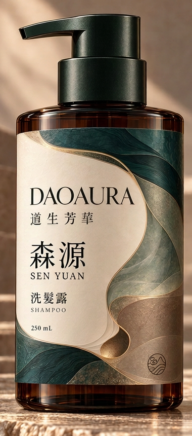 琥珀色洗髮露瓶,森源綠葉標籤